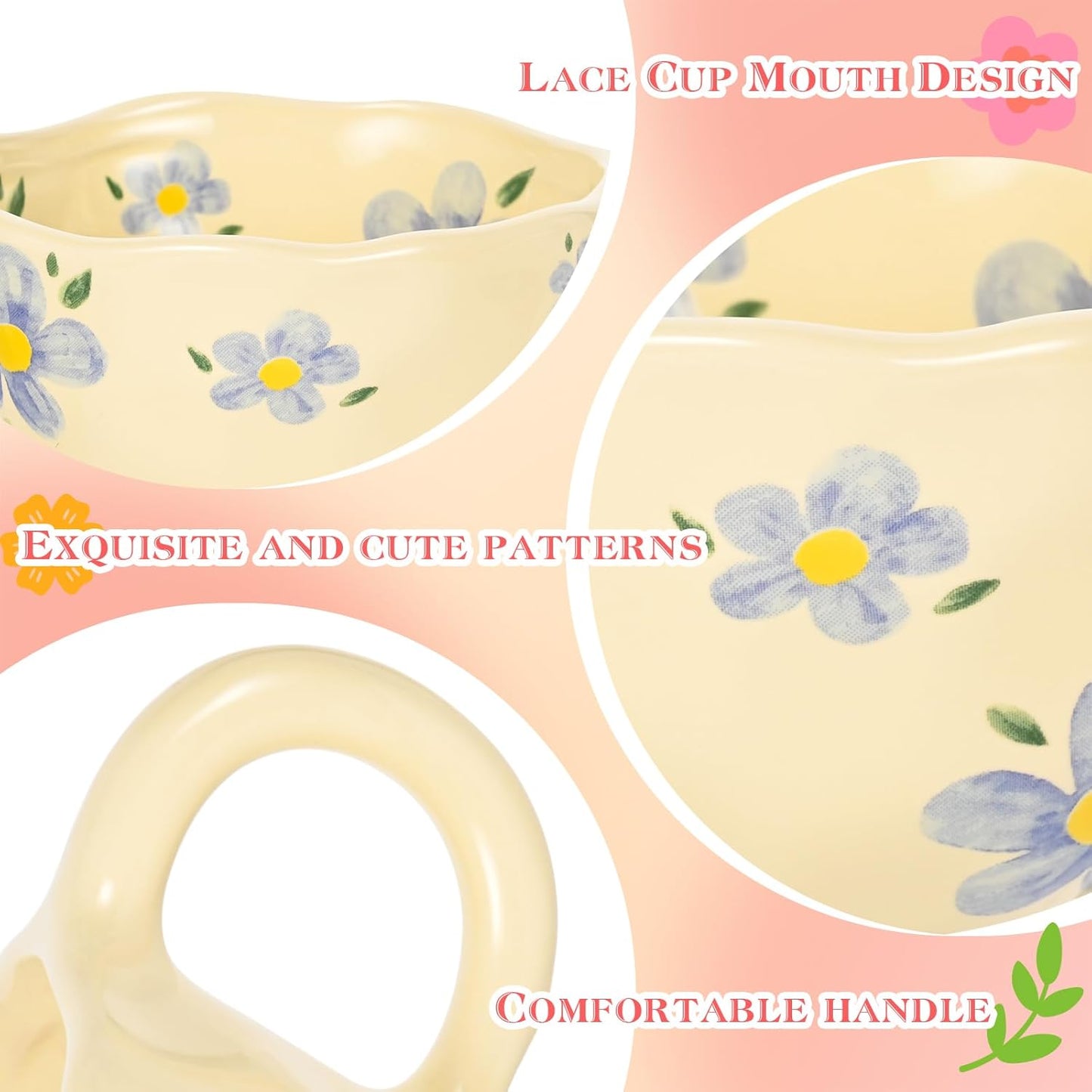 Ceramic Coffee Mug Set of 2 Vintage Flower Mugs 8 oz Cute Floral Coffee Mugs Irregular Latte Art Cup Lead-free Porcelain Cups for Cappuccino, Cocoa (2 Blue Flower)