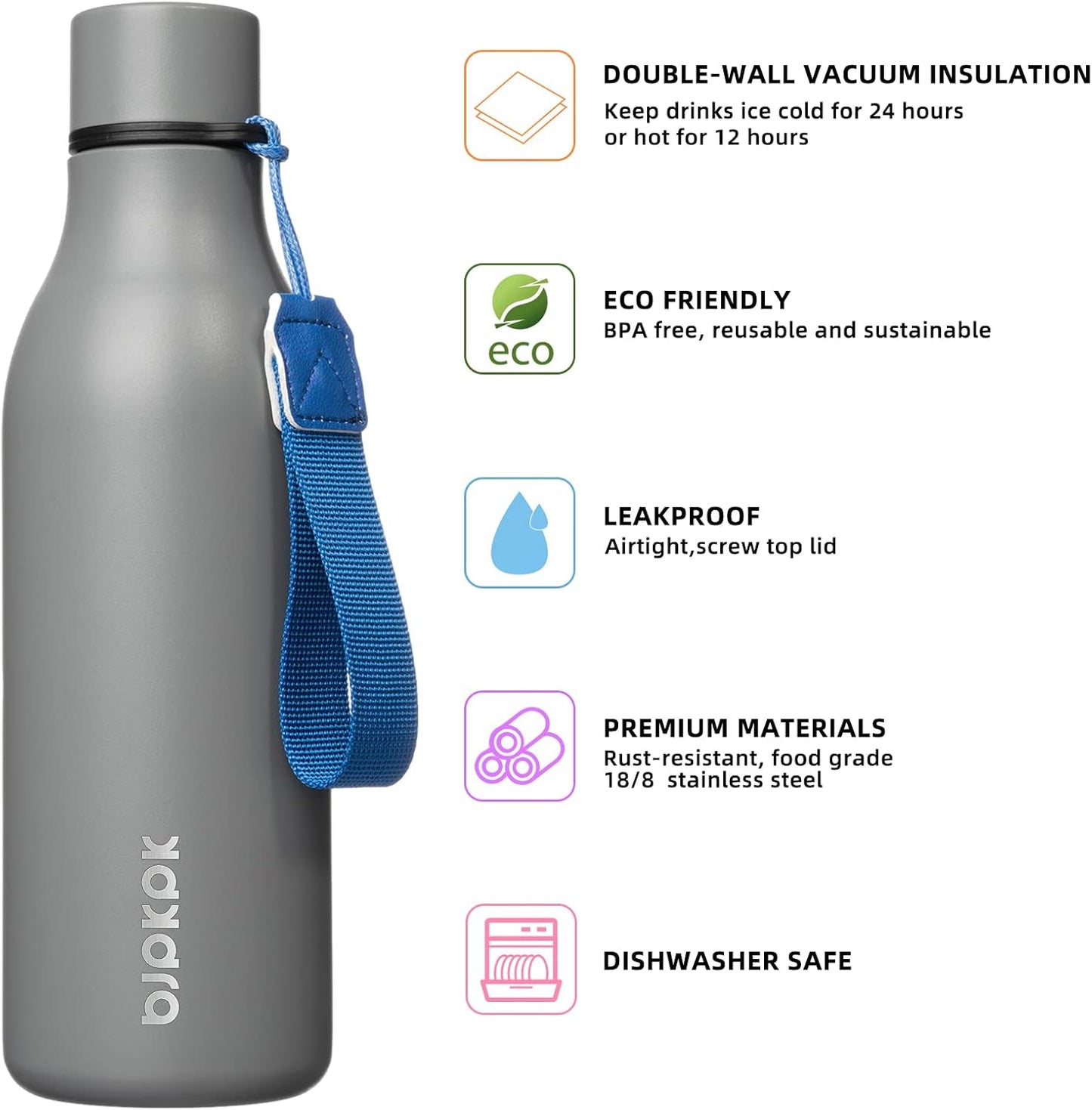 BJPKPK Insulated Water Bottles, 18 oz Stainless Steel Metal Water Bottle with Strap, BPA Free Leak Proof Thermos, Mugs, Flasks, Reusable Water Bottle for Sports & Travel, Grey