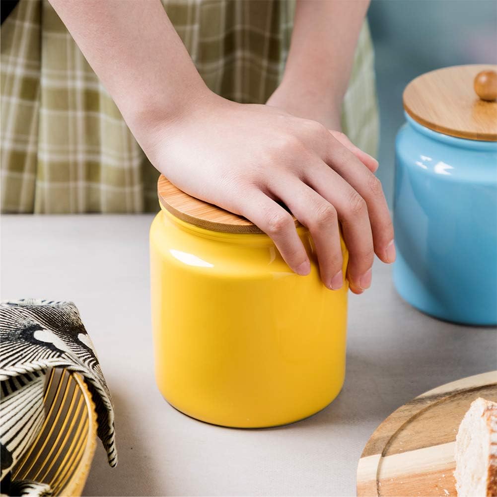 Sweejar Ceramic Kitchen Canisters, 28 FLOZ Porcelain Food Storage Jar with Airtight Seal Wooden Lid, Home Container Serving for Coffee Beans, Tea-leave, Sugar, Salt and More, Tool Bucket (Yellow)