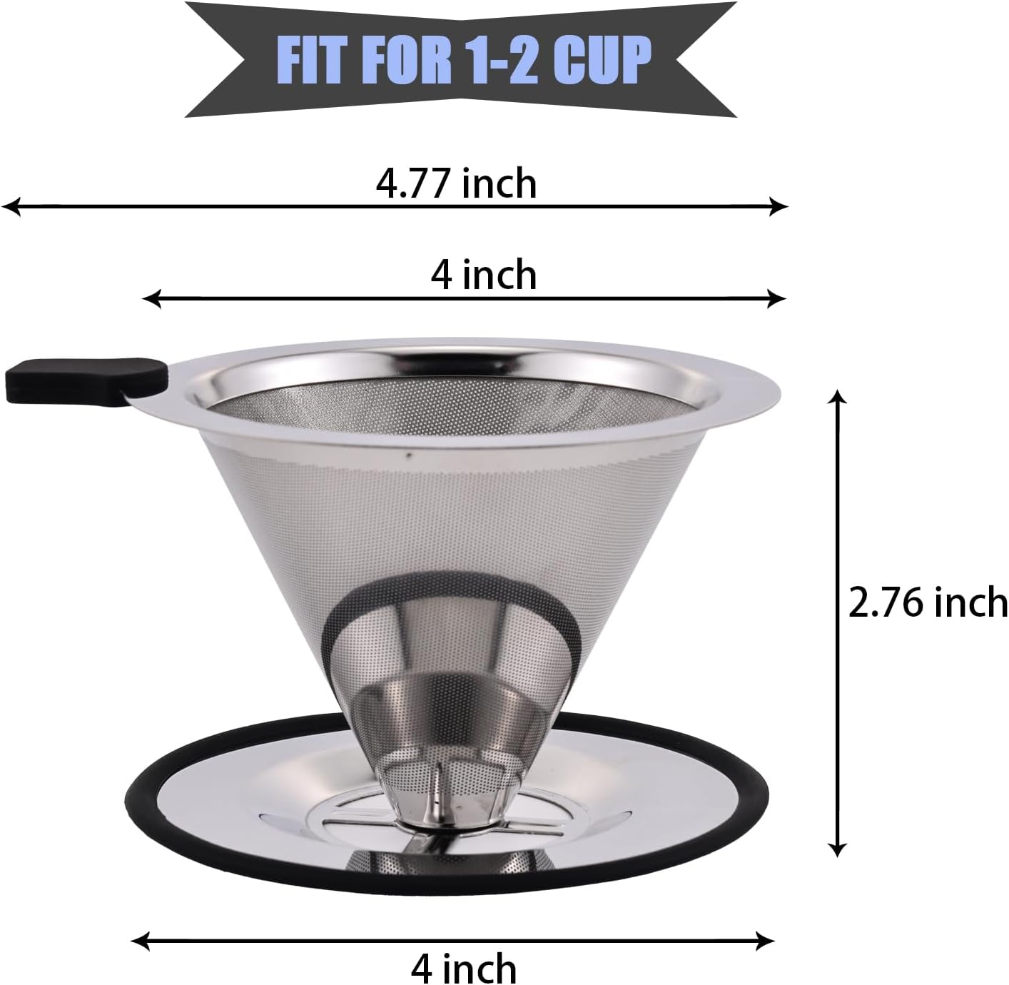 Small Size Pour Over Coffee Dripper, Stainless Steel Metal Cone Drip Coffee Filter, Paperless and Permanently Reusable, Double Mesh Coffee,TeaFilter for 1-2 Cups
