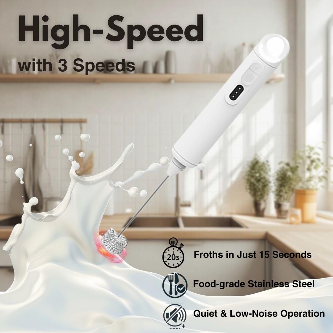 Rechargeable Milk Frother Handheld 3 Speed Coffee Foamer [3 Whisk] Electric Drink Mixer for Latte, Cappuccino, Coffee, Eggs, Hot Chocolate, White