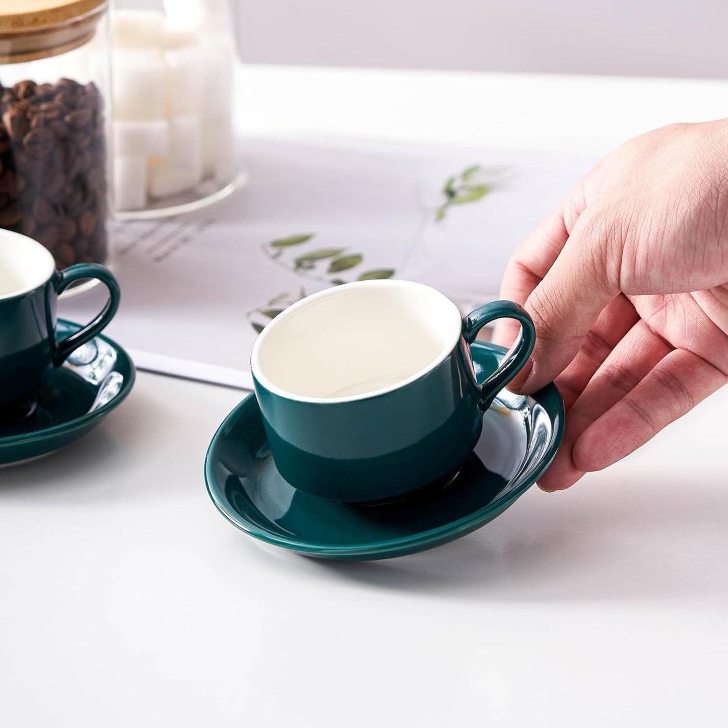 2.5 Ounce Porcelain Espresso Cups with Saucers and Silver Stand, Blackish Green Stackable Cups Set of 4