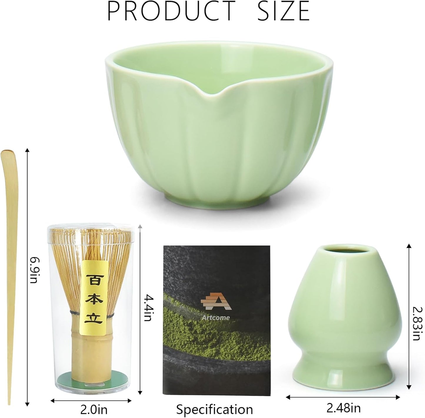 Artcome 4 Pcs Japanese Matcha Tea Set - Matcha Bowl with Pouring Spout, Matcha Whisk, Tea Scoop, Whisk Holder, Handmade Matcha Ceremony Kit For Japanese Tea Ceremony, Green