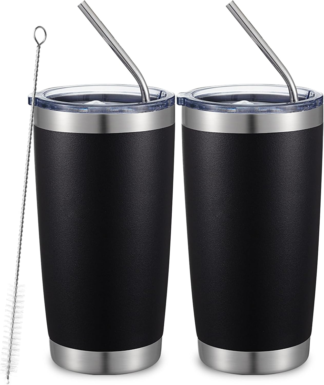 COMOOO 20oz Double Wall Vacuum Insulated Travel Mug, Stainless Steel Tumbler with Lid and Straw Durable Powder Coated Insulated Coffee Cup for Cold & Hot Drinks (Black. 2 pack