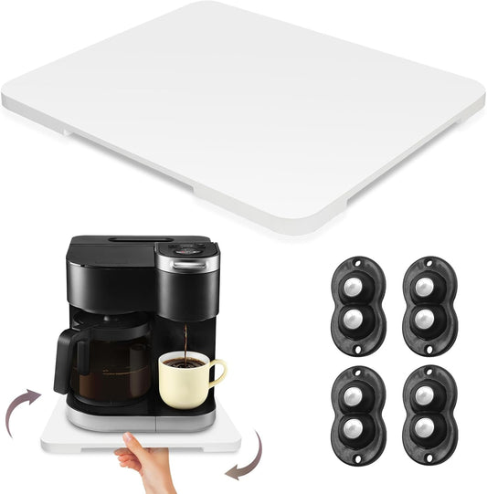 360° Rolling Tray Bamboo Appliance Slider for Kitchen Appliances, Coffee Maker Mat Tray for Countertops Sliding Tray for Coffee Maker Appliances Mat Easily from Under The Cabinet White 11.6×13.9