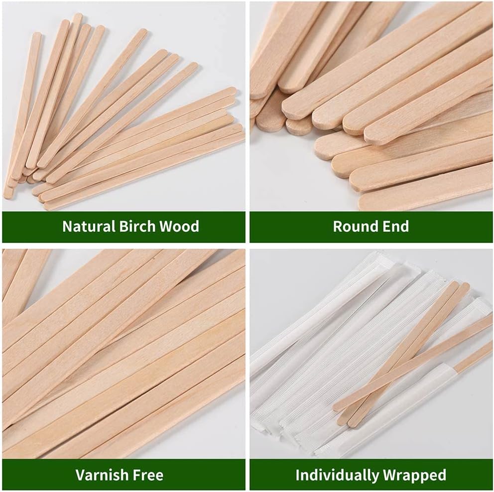 200pcs Individually Wrapped Coffee Stirrers Wood - 7" Coffee Stir Sticks, Round End Disposable coffee stirrer, For Coffee, Cocktail and Hot Drinks