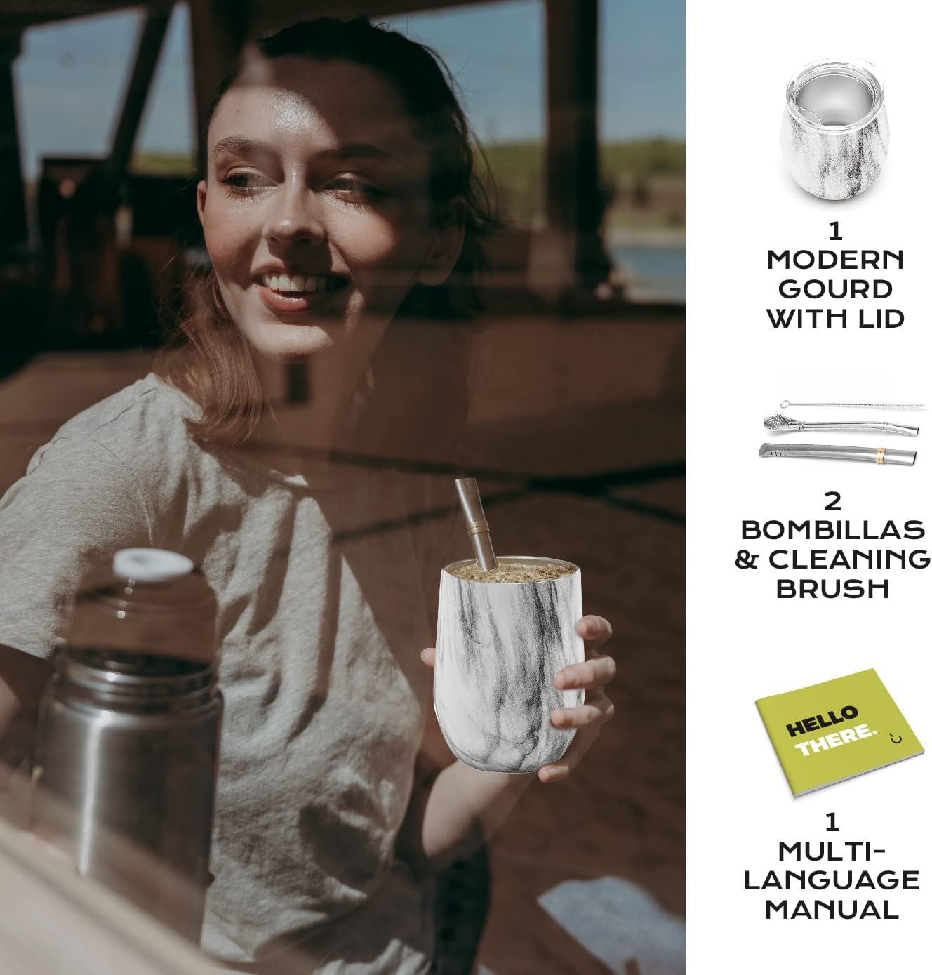 BALIBETOV 5 pcs large Yerba Mate Cup and Bombilla Kit, Includes one 8 oz Yerba Mate Gourd with Lid, Two Bombillas Mate Straw and one cleaning brush (Marble, 8.00)