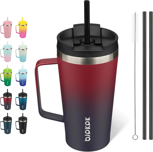 BJPKPK Insulated Tumbler with Handle, 18oz Insulated Tumblers with Lid and Straw, Stainless Steel Metal Water Bottles, Coffee Travel Mugs, Cups, Charming Red