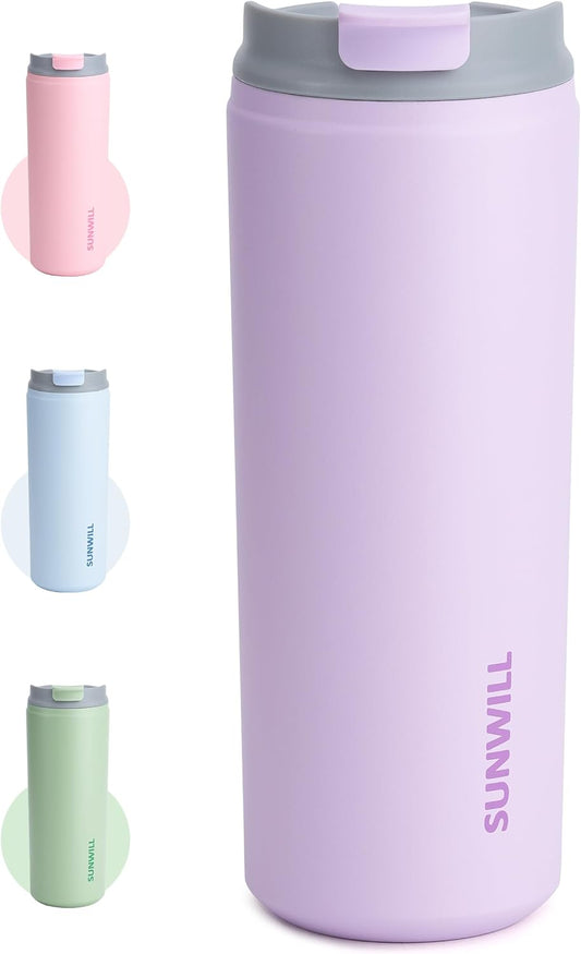 SUNWILL Travel Coffee Mug with Lid, Leak Proof Tumbler Stainless Steel, 16 oz Insulated Cup for Water, Tea, Ice, Powder Coated Lavender