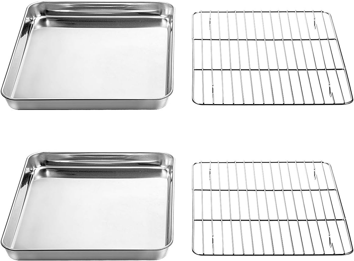 Wildone Baking Sheet with Rack Set [2 Sheets + 2 Racks], Stainless Steel Cookie Pan baking Tray with Cooling Rack, Size 12 x 10 x 1 Inch, Non Toxic & Heavy Duty & Easy Clean