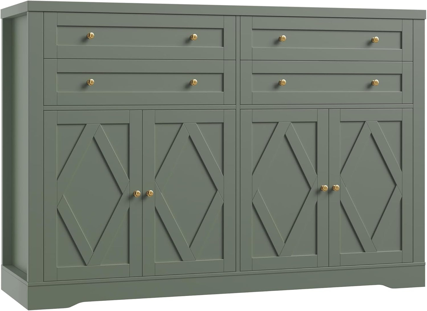 HOSTACK 55" Coffee Bar with 4 Large Drawers, 40" Tall Buffet Cabinet with Storage, Kitchen Storage Cabinet, Modern Farmhouse Sideboard Buffet, Adjustable Shelves for Living Room, Green