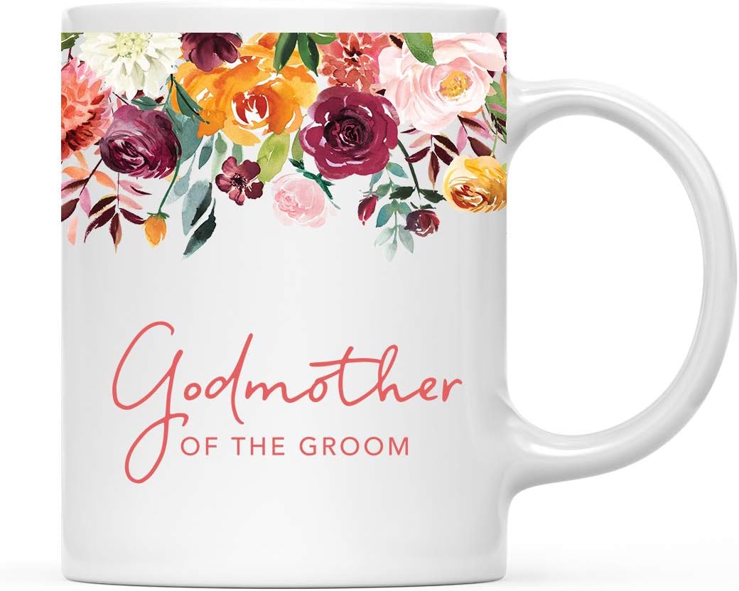 Andaz Press 11oz. Wedding Ceramic Coffee Tea Mug Gift, Fall Autumn Burgundy Orange Peach Flowers Roses Florals, Godmother of the Groom, 1-Pack, Includes Gift Box