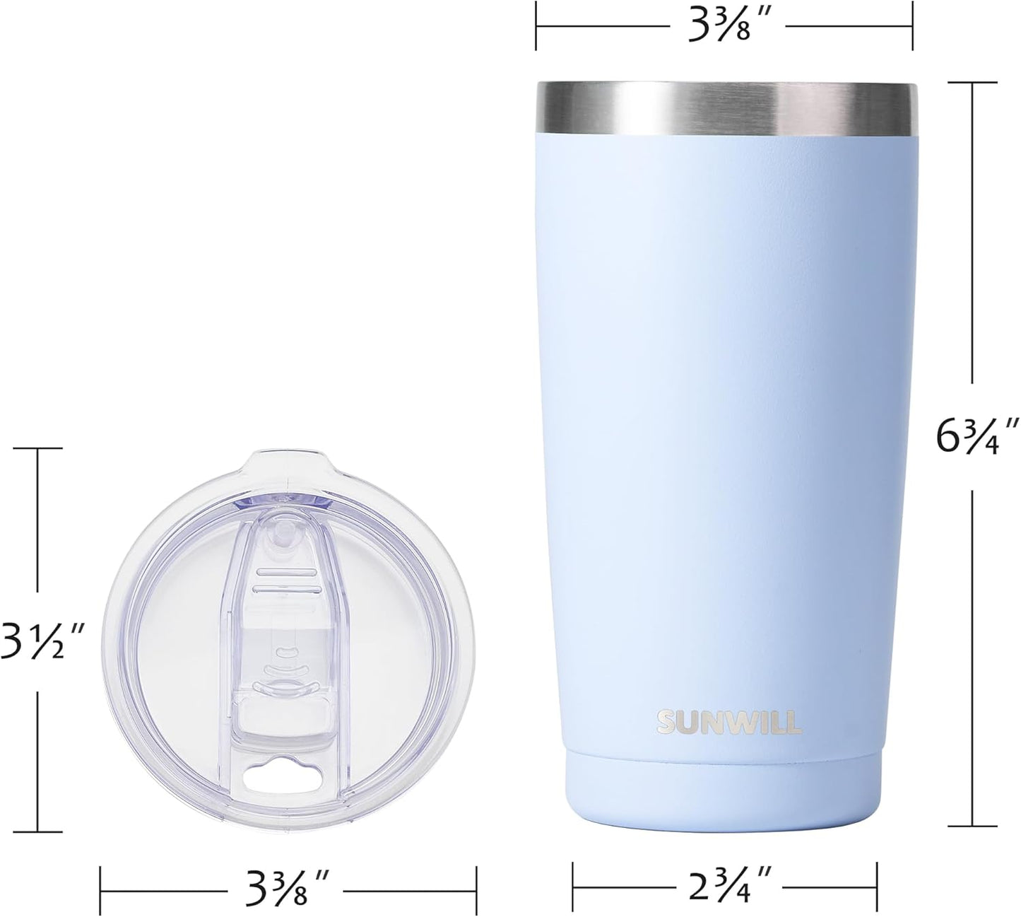 SUNWILL Travel Coffee Tumbler 20 oz, Insulated Mug with Lid, Stainless Steel Cup for Hot and Cold Drinks, Powder Coated Iceberg