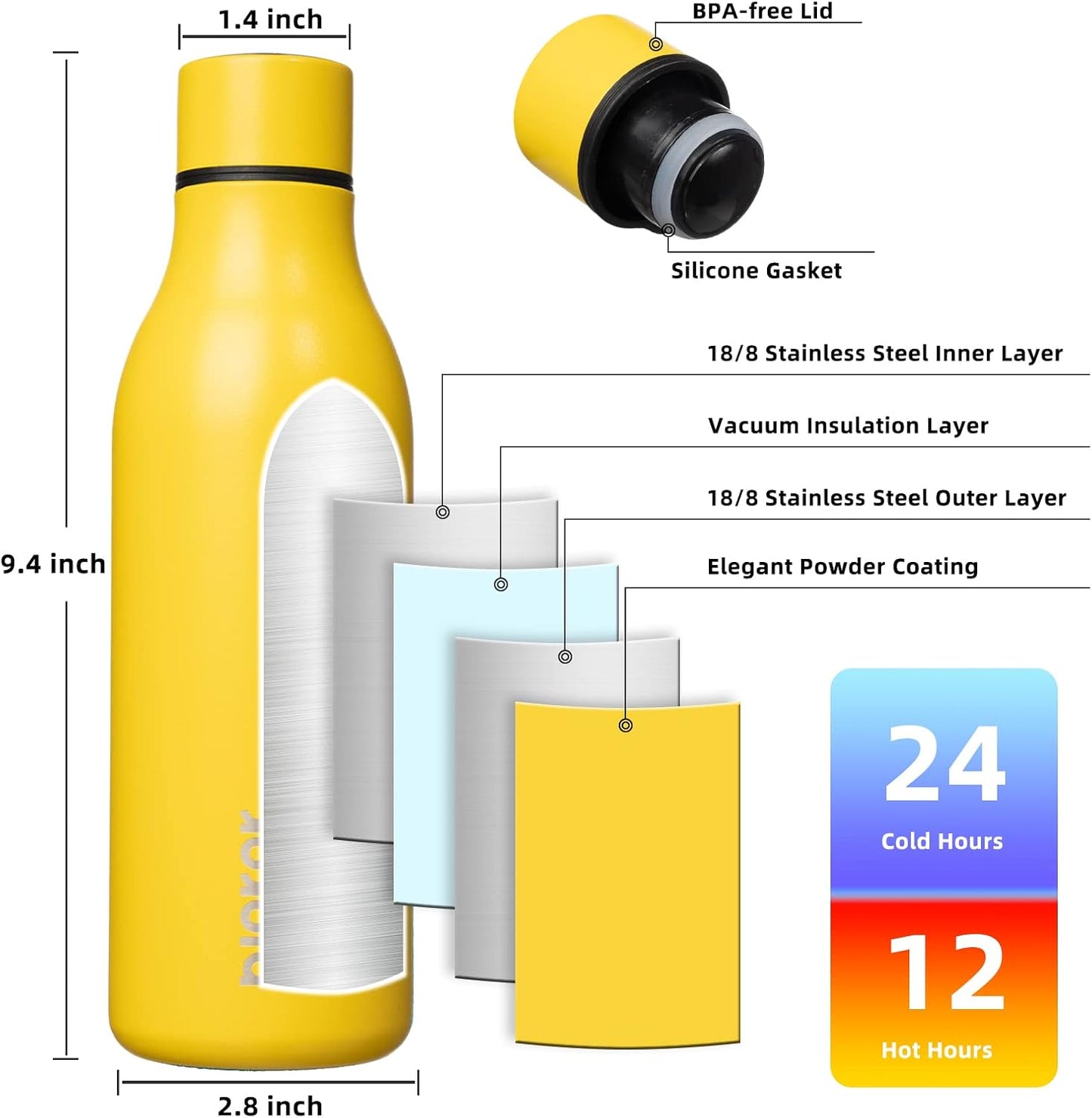 BJPKPK Insulated Water Bottles, 18 oz Stainless Steel Metal Water Bottle with Strap, BPA Free Leak Proof Thermos, Mugs, Flasks, Reusable Water Bottle for Sports & Travel, Yellow
