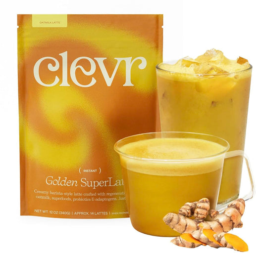 Clevr Blends Turmeric Powder, Golden Milk Instant Latte Mix, Superfood Powder with Oat Milk, Lions Mane, Reishi Mushroom, Organic Spices, Coconut Cream, Ashwagandha, Serve Hot or Iced, (14 Lattes)