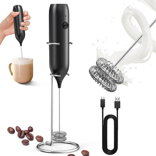 CIRCLE JOY Rechargeable Milk Frother Handheld with Stand, Coffee Frother Wand Drink Mixer with Dual Spring Whisk for Coffee, Cappuccino, Lattes, Frappe, Matcha and Hot Chocolate, Black