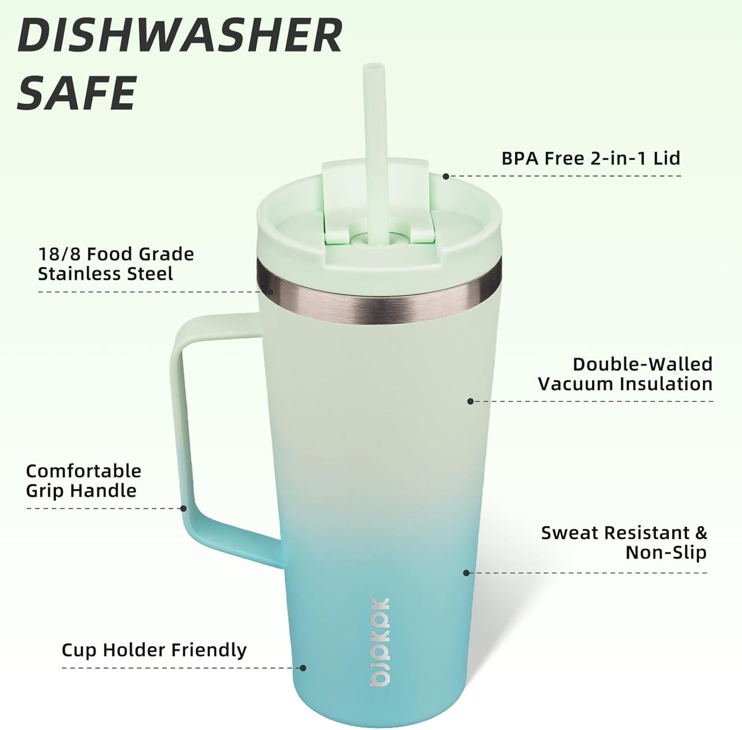 BJPKPK Insulated Tumbler with Handle, 22oz Insulated Tumblers with Lid and Straw, Stainless Steel Metal Water Bottles, Coffee Travel Mugs, Cups, Mint