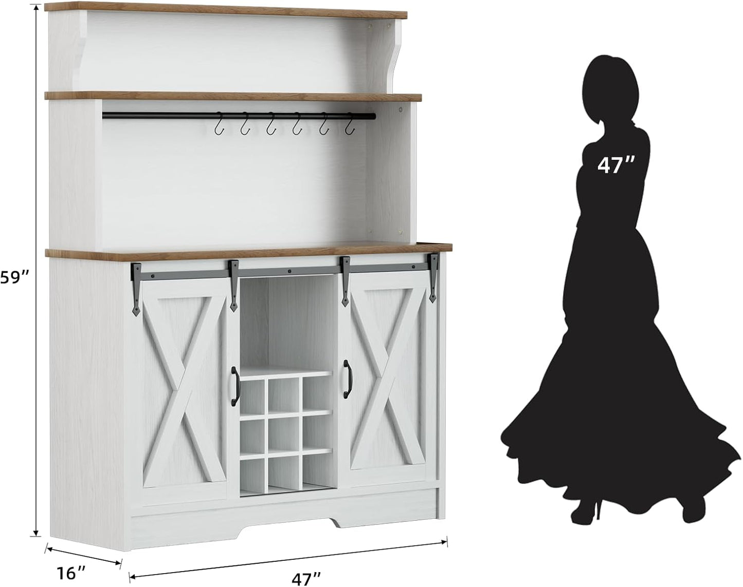 Farmhouse Coffee Bar Cabinet with 3 Tier Storage Hutch, 47'' Coffee Bar Station with Sliding Barn Door, Hutch Storage Cabinet with 9 Wine Racks & 9 Hooks for Kitchen Dining Living Room
