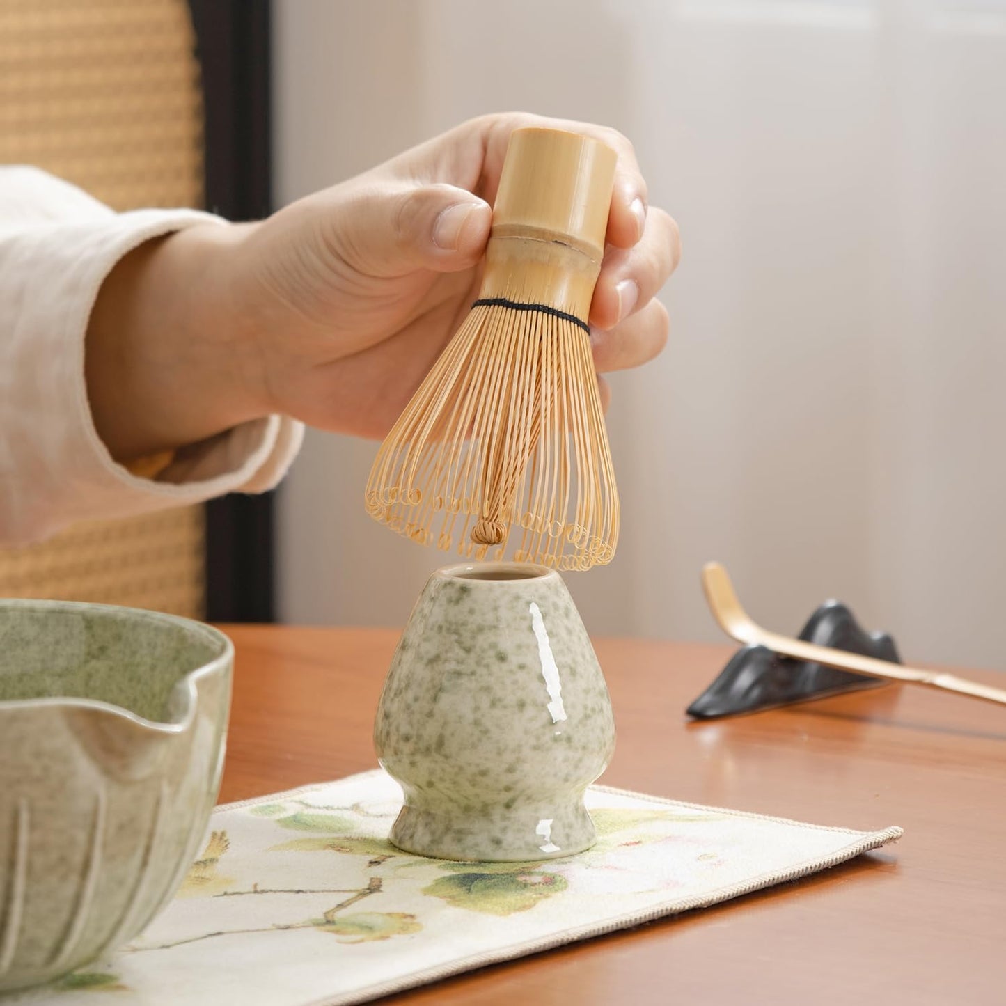 Japanese Matcha Ceremony Accessory, Matcha Whisk, Traditional Scoop (Chashaku), Tea Spoon, Whisk Holder, 1 tea bowl, 1 tea siev, The Perfect Set to Prepare a Traditional Cup of Matcha. (waitu001)
