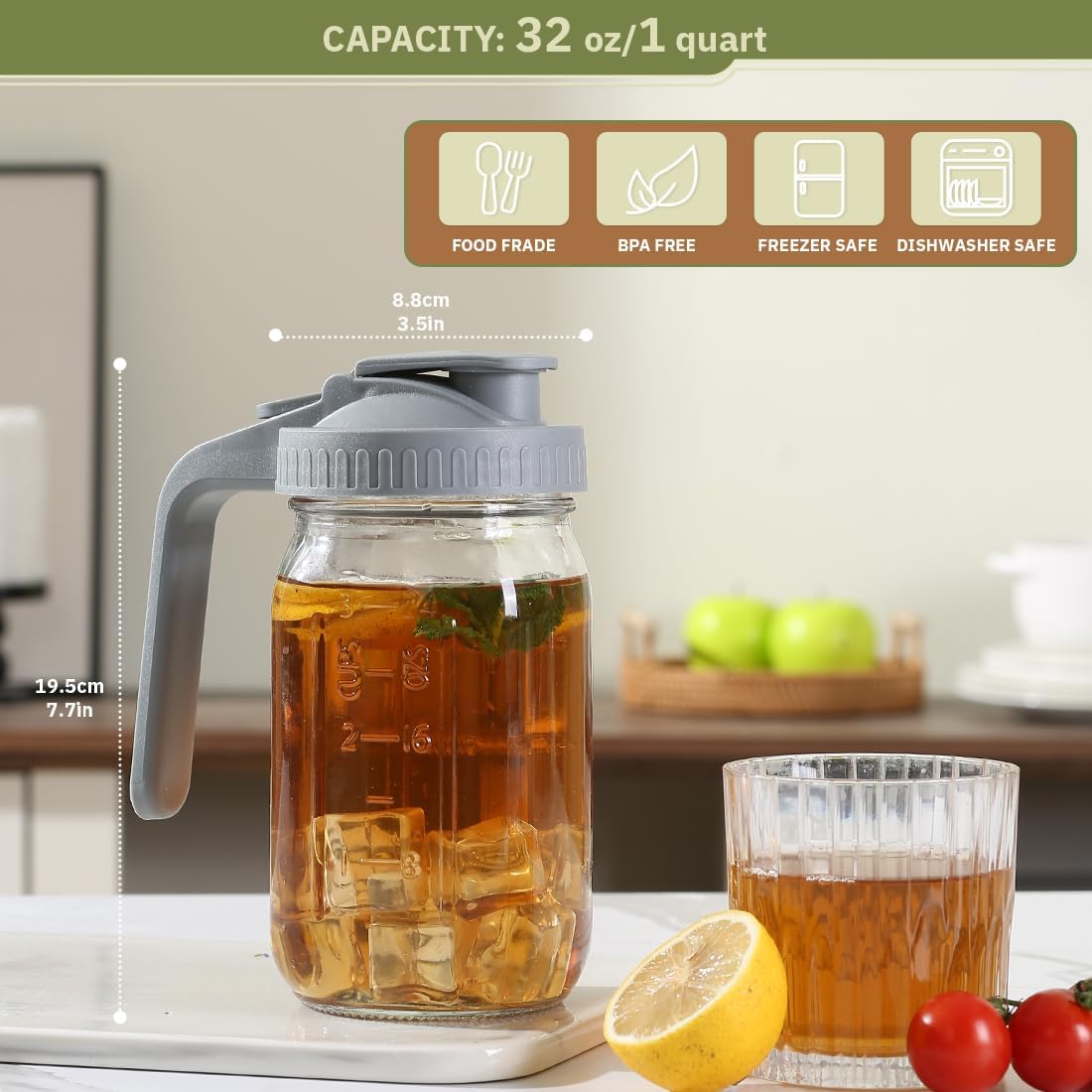 Glass Tea Pitcher with Wide Mouth Airtight Lid Leak Proof Fridge Container with Gray Lid Mason Jar for Water, Tea,Juice and Drinks (2 Pack-32OZ)