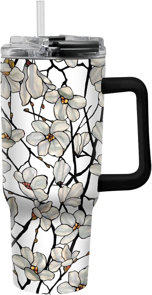 RainCaper 18/8 Stainless Steel Insulated Water Tumbler with Straw | 30oz, BPA-Free, Double Wall for Hot & Cold | Travel-Friendly, Cup Holder Ready (Tiffany Magnolia)