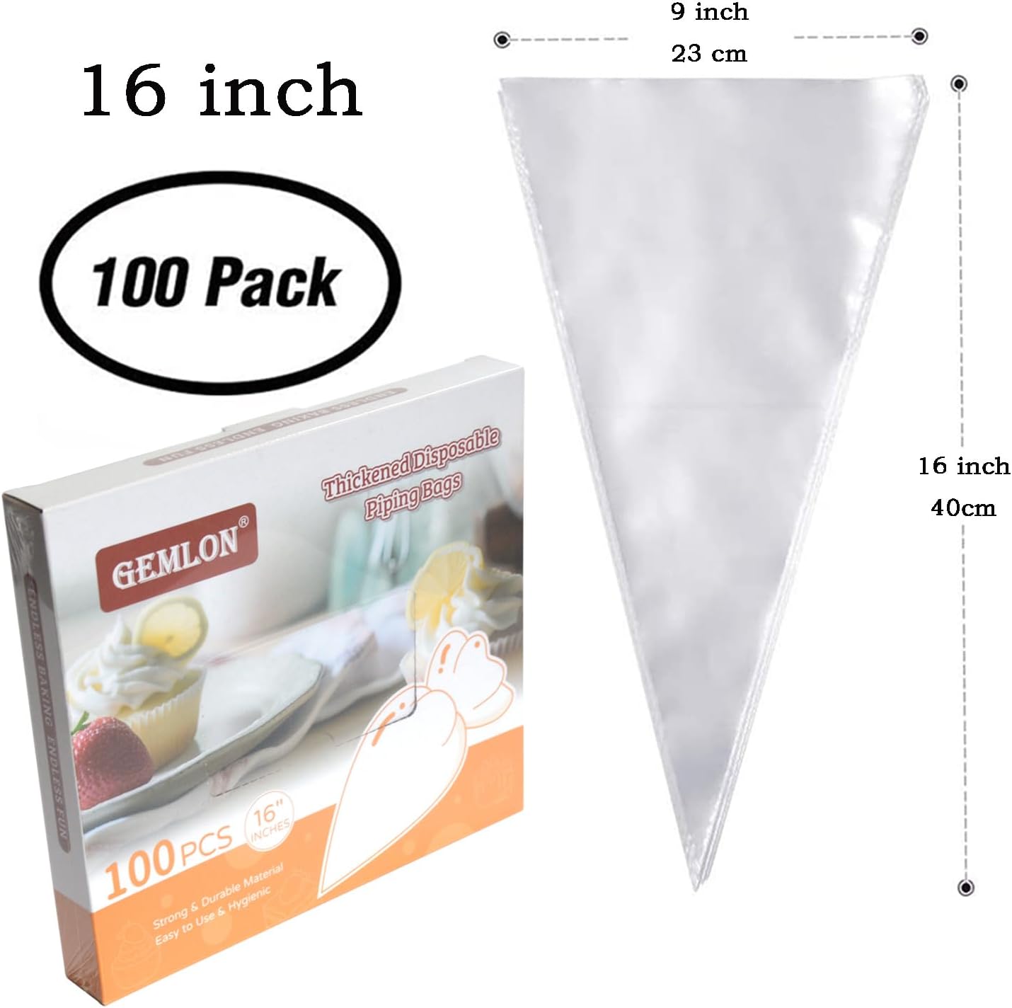 GEMLON 16 Inch Disposable Piping Bags with Pull-Out Dispenser Box - 100 Pack Large Pastry Bags for Cake Decorating, Anti-Burst Plastic Icing Bags for Frosting, Chocolate, Cookie Decorating Supplies