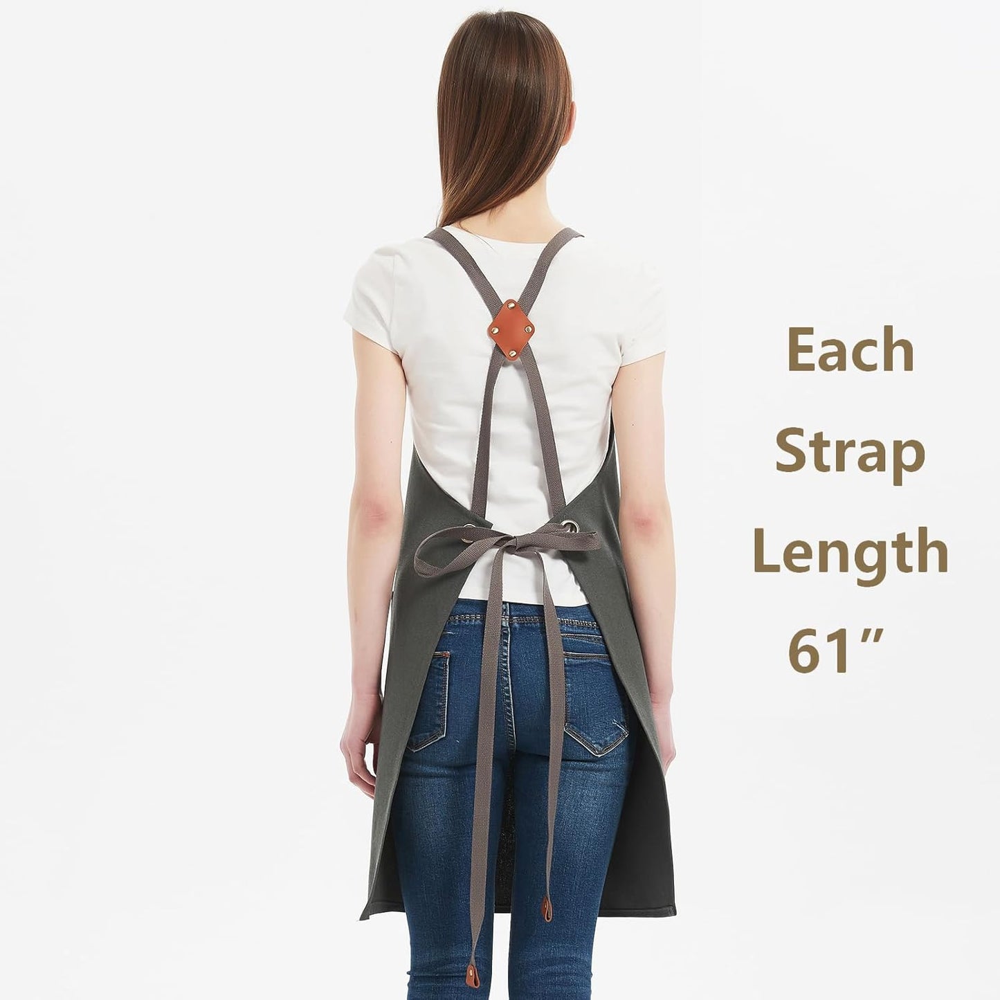 AFUN Chef Aprons for Women Men with Large Pockets, Cotton Canvas Cross Back Water Repellent Work Apron, Size M to XXL (Grey)