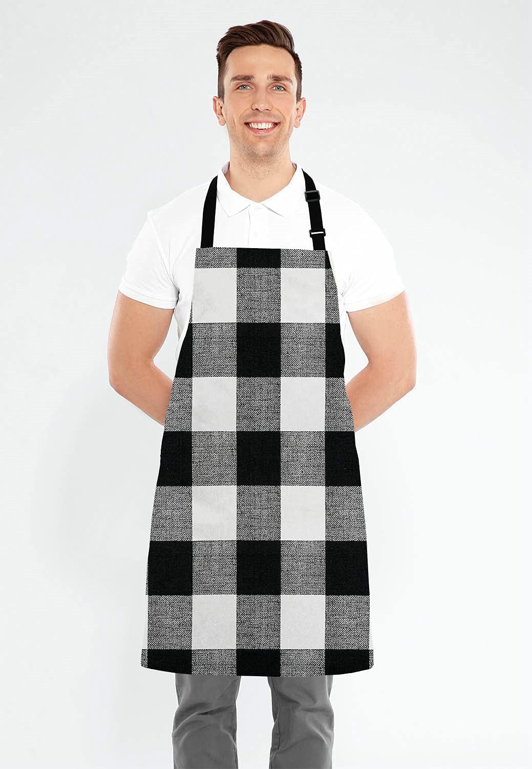 Black and White Buffalo Plaids Bib Apron with Adjustable Neck for Men Women,Suitable for Home Kitchen Cooking Waitress Chef Grill Bistro Baking BBQ Cobbler Apron
