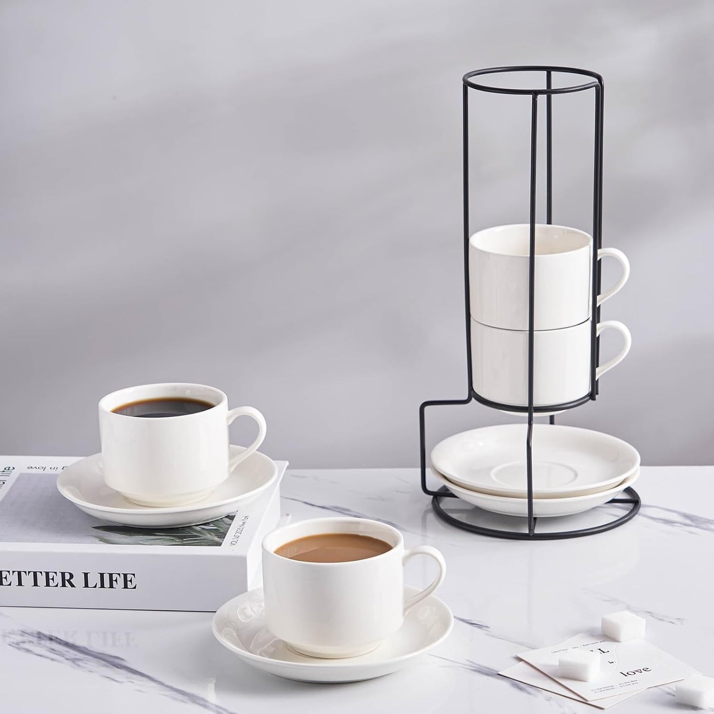 YOLIFE 8oz Porcelain Stackable Cappuccino Cups with Saucers and Metal Stand Set of 4, Coffee cups for Espresso, Specialty Coffee Drinks, Latte, Americano and Tea - White