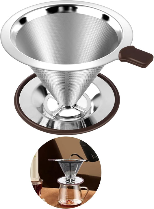 Reusable Paperless Coffee Filter V60,Coffee Dripper,Professional Stainless Steel Drip Cone Brew Coffee Strainer,Double Micro Mesh Filter,Coffee Filter Mug,Silicone Handle & Non-Slip Silicone Base (S)