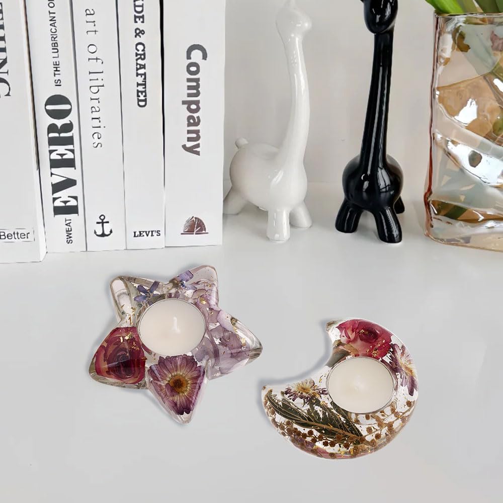 BIGEBO Candle Holder Resin Mold, Star Moon Shaped Tealight Trinket Holder Silicone Mold for Art Craft Making Home Decor