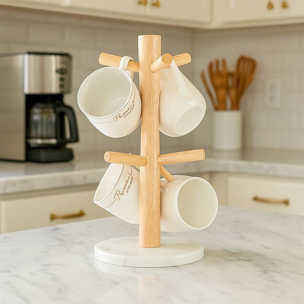 WORHE Mug Holder Marble Base with 6 Hooks Coffee Cup Rack Organizer for Countertop, Round Mugs Stand Hanger for Kitchen Counter Cabinet Bar Accessories and Home Decor White (MH001)