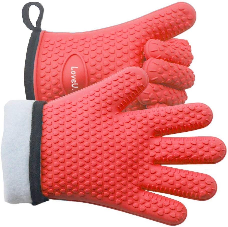 Kitchen Oven Gloves - Dual-Layer Heat Resistant Grilling Gloves, Silicone Oven Mitts with 5 Fingers, Waterproof Non-Slip Pot Holder for Barbecue, Cooking, Baking (XL-XXXL, Red)