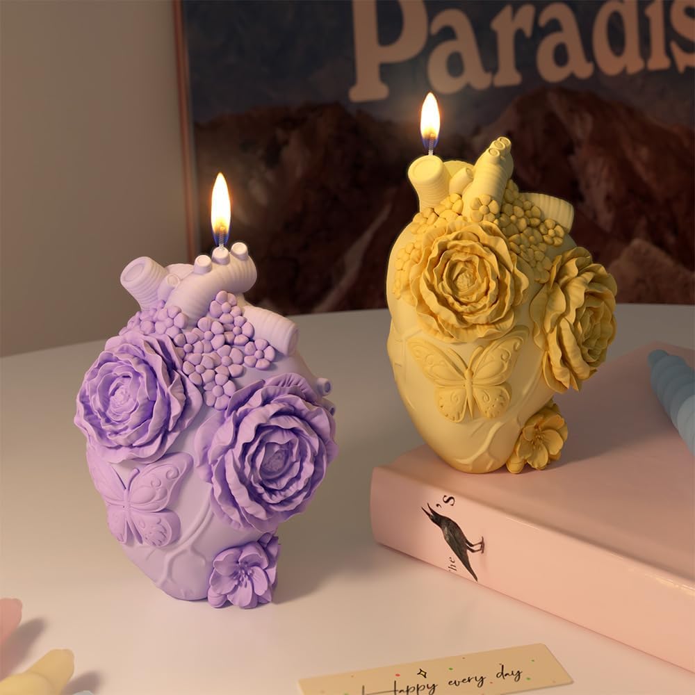 Anatomical Heart Silicone Resin Mold for Candle Soap – 3D Floral Human Organ Mold with Roses and Butterfly for Aromatherapy Wax Crafts DIY Gothic Romantic Gifts