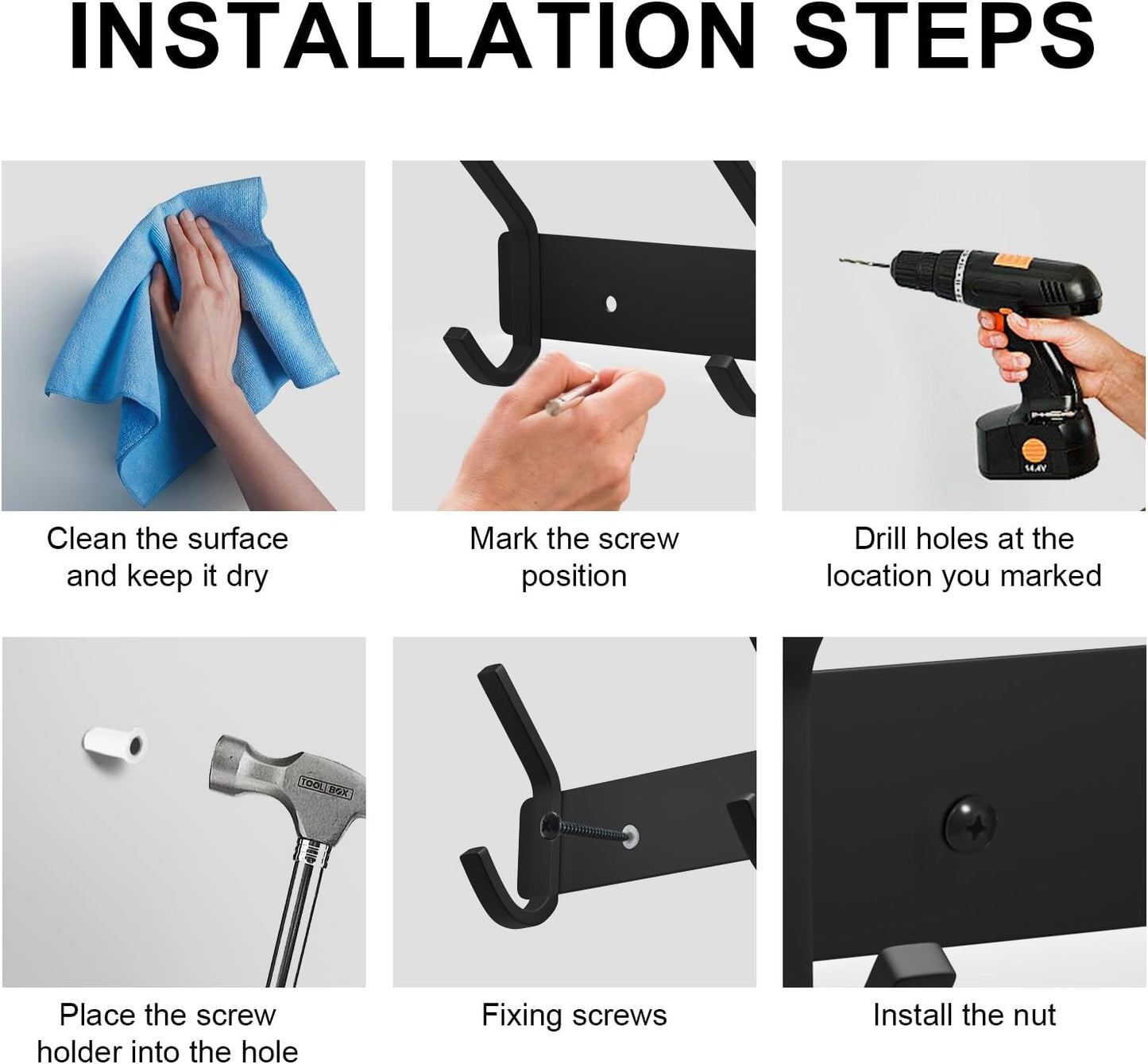 VAEHOLD Wall Hooks for Hanging, Black Coat Rack Wall Mount with 6 Coat Hooks, Towel Hanger, Hat Hooks, Robes Hook in Bathroom, Bedroom, Kitchen, Living Room (2 Pack)