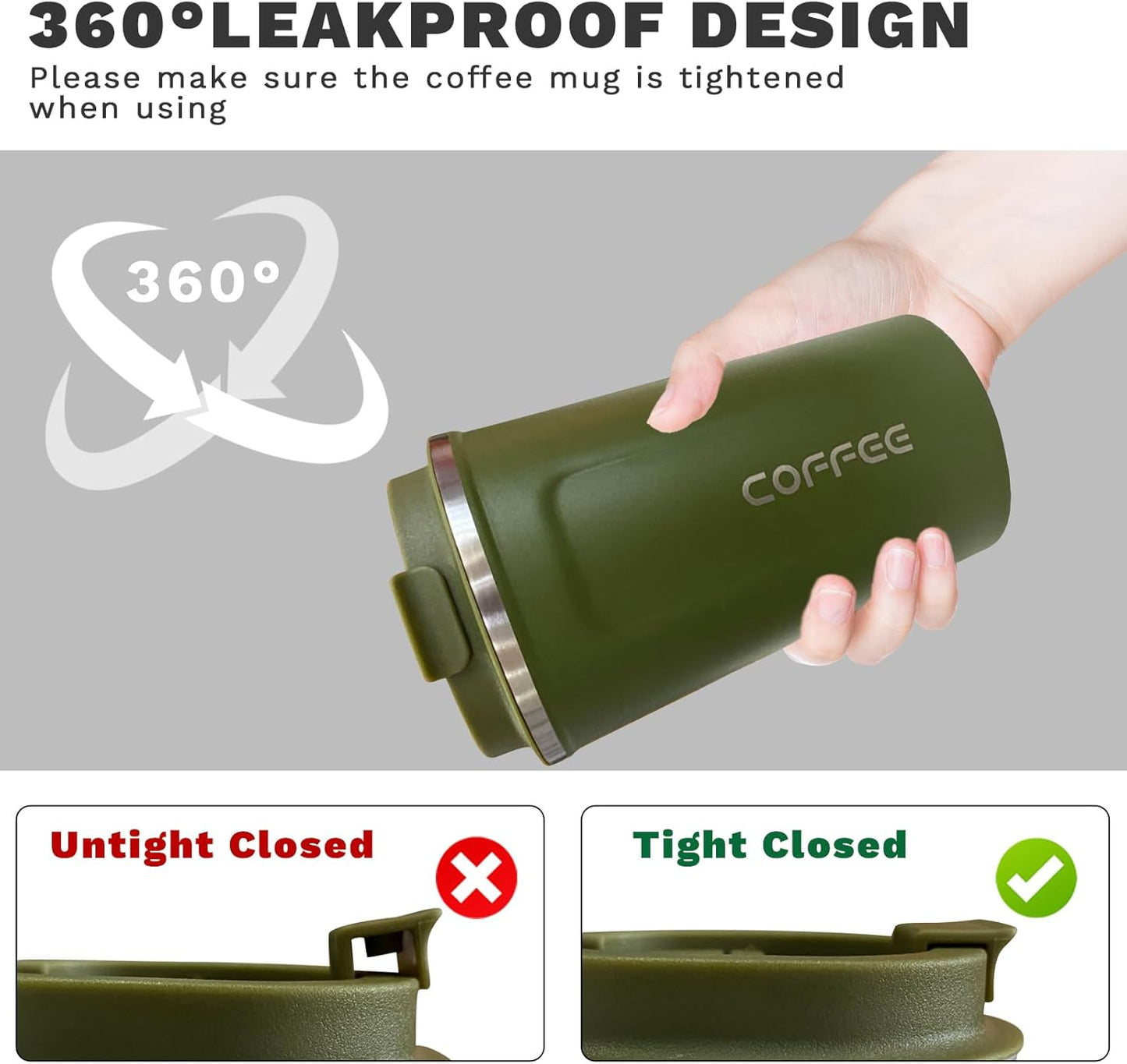 YINBAOGE Insulated Travel Coffee Mug Spill Proof Leak Proof Pobtable To Go Camping Stainless Steel Coffee Tumbler Reusable Coffee Cups with Lids Thermos for Hot and Cold Drink (2nd-Green, 12 OZ)