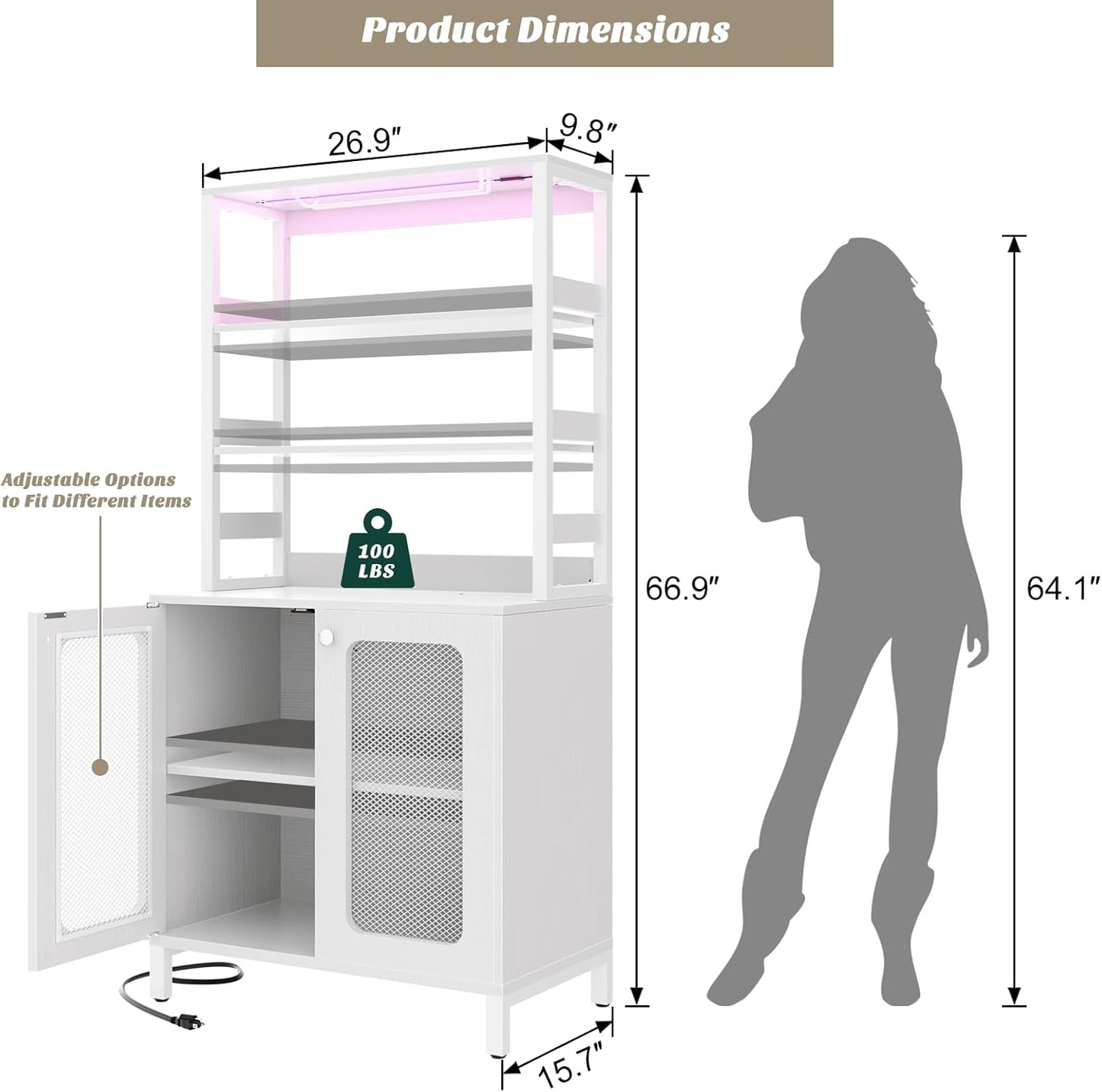 Aheaplus Bar Cabinet with Power Outlets, 67" Tall Wine Bar Cabinet Liquor Cabinet with LED Lights and Glass Holder, Coffee Bar Station for Living Room, Microwave Stand Bakers Rack Cabinet, White