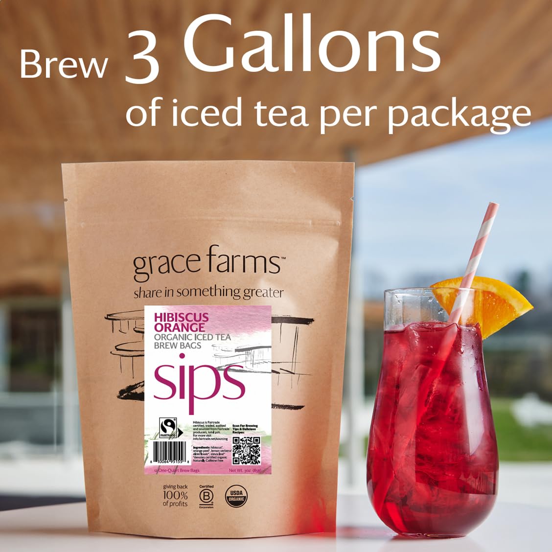 Grace Farms HIBISCUS ORANGE ORGANIC ICED TEA (Twelve 1qt. Brew Bags, 3 Gallons) | Refreshing, Tart and Vibrant, Naturally Sweet Sugar-Free | Easy Cold Brew