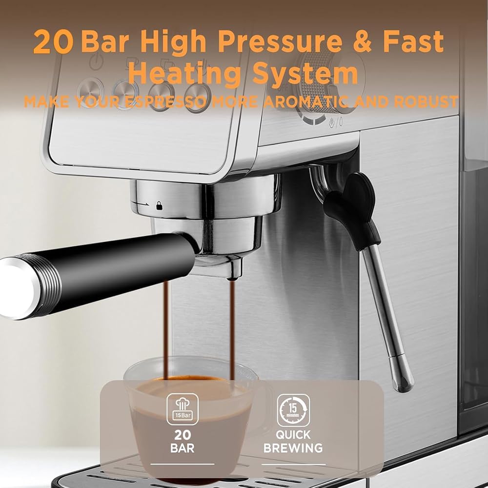 Espresso Machine,20 Bar Semi-Automatic Espresso Maker with Milk Frother,Compact Stainless Steel Coffee Machine with 40oz Removable Water Tank for Cappuccino,Latte, Americano,Sliver for Home