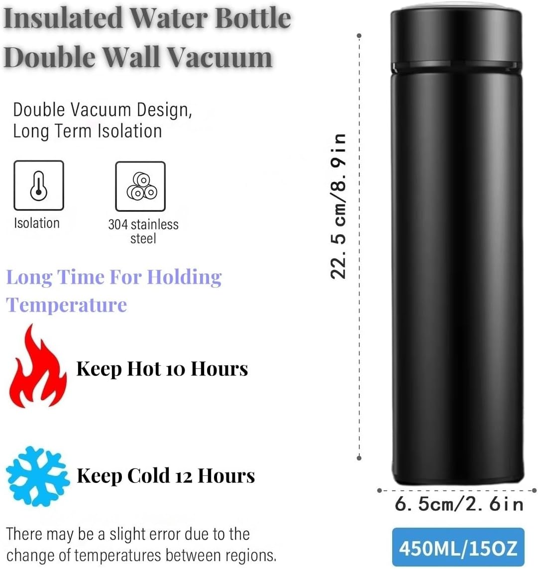 Insulated Water Bottles- Vacuum Tumbler for Coffee, Tea and Drinks with Stainless Steel Infuser - 15 oz Tea Thermo Travel Bottle/Keeps Drinks Hot or Cold for Hours/Gift Packing(Black)