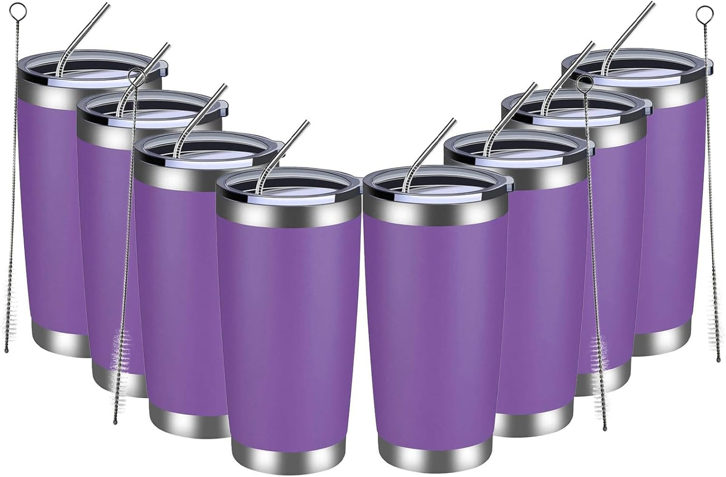 MEWAY 20oz Tumbler 8 Pack Double Wall Vacuum Insulated Travel Mug Bulk, Stainless Steel Tumblers with Lid and Straw, Durable Powder Coated Coffee Cups for Cold & Hot Drinks (Purple, 8)