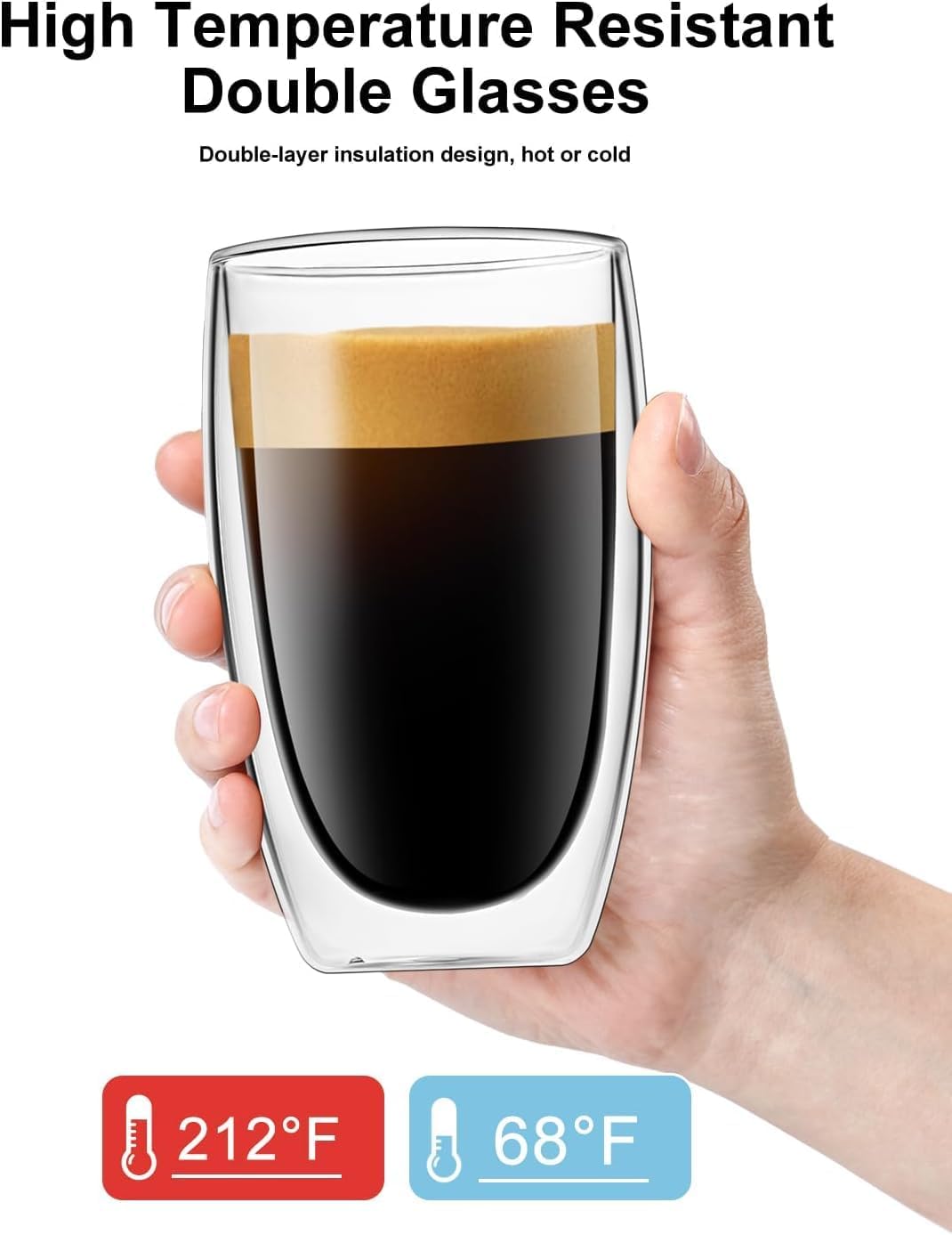 17oz Double Wall Glass Coffee Mugs Set of 2, Insulated Coffee Mug, Clear Borosilicate Glass Coffee Cups for Cappuccino, Tea, Lightweight and Microwave Safe