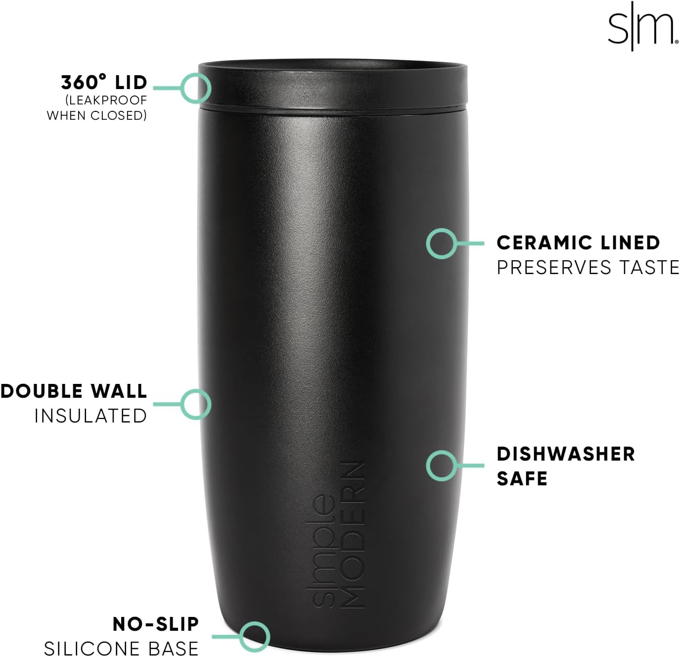 Simple Modern Travel Coffee Mug Tumbler with 360° Lid | Ceramic-Lined Insulated Stainless Steel Cold Brew Iced Coffee Cup | Gifts for Women Men Her Him | Voyager Signature | 16oz | Midnight Black
