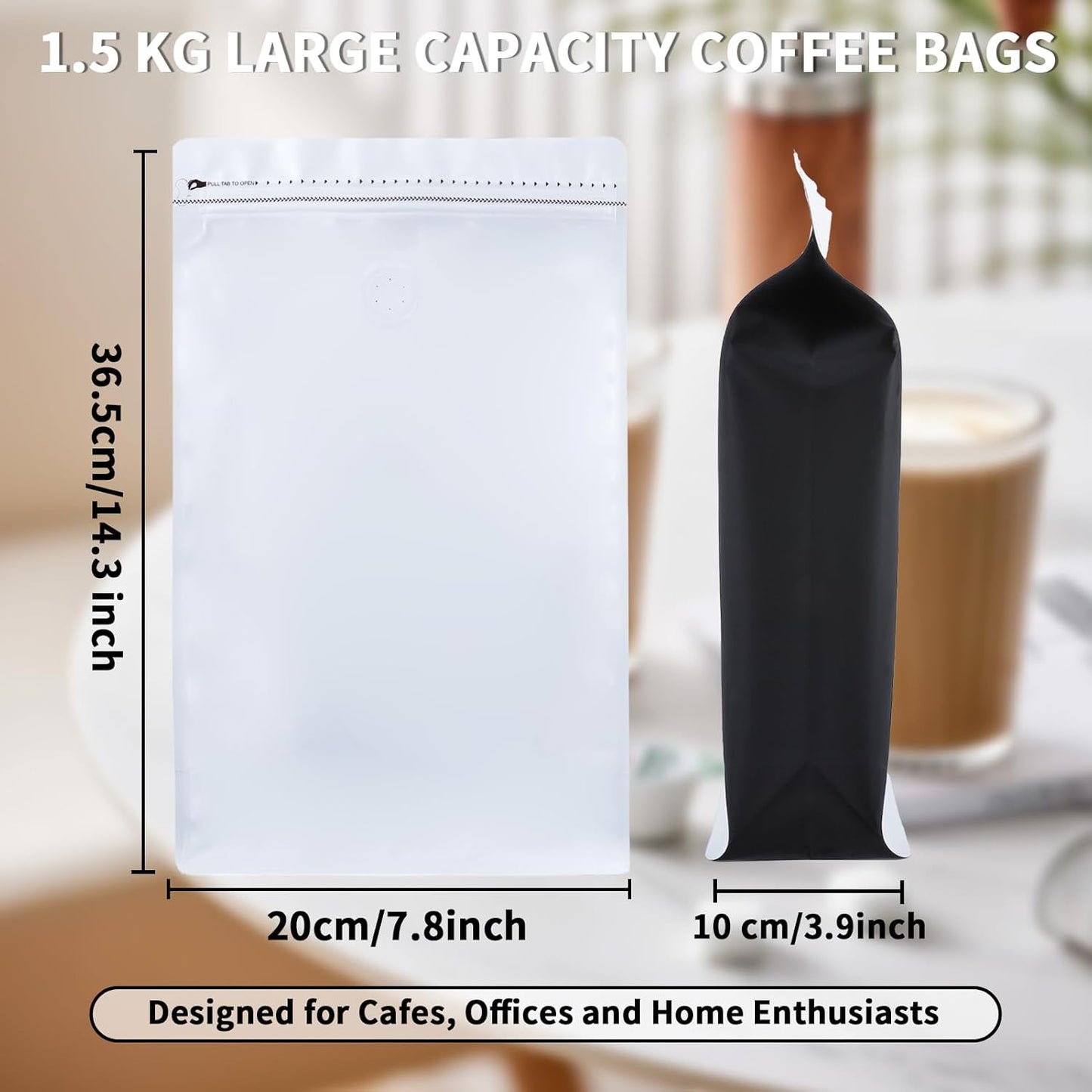 New 1.5 KG Large Capacity Coffee Bags with Valve (50 PCS) White Sides Black High Barrier Aluminum Foil Flat Bottom Standing Coffee Beans Storage Packaging Bags, Reusable Heat Seal Side Zipper Pouches