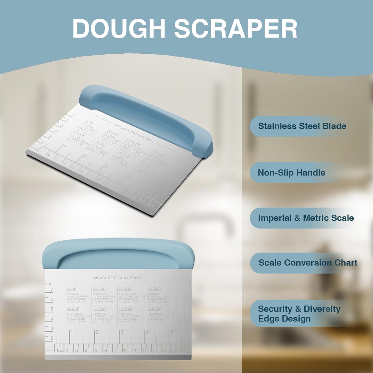 Bench Scraper Dough Cutter Tool - Pastry Scraper for Bread Cake Pizza, Bench Knife Kitchen Dough Scraper for Baking, Stainless Steel Food Scraper with Grip Handles & Measuring Scale, Blue
