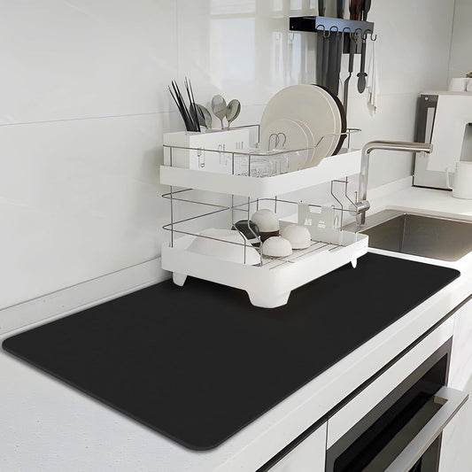 Coffee Mat, 16.5’’ X 31.5’’ Absorbent Dish Drying Mat for Kitchen Counter, Coffee Bar Mats for Espresso Machine Station, Hides Stains, Rubber Backed Dish Drying Pad, Black