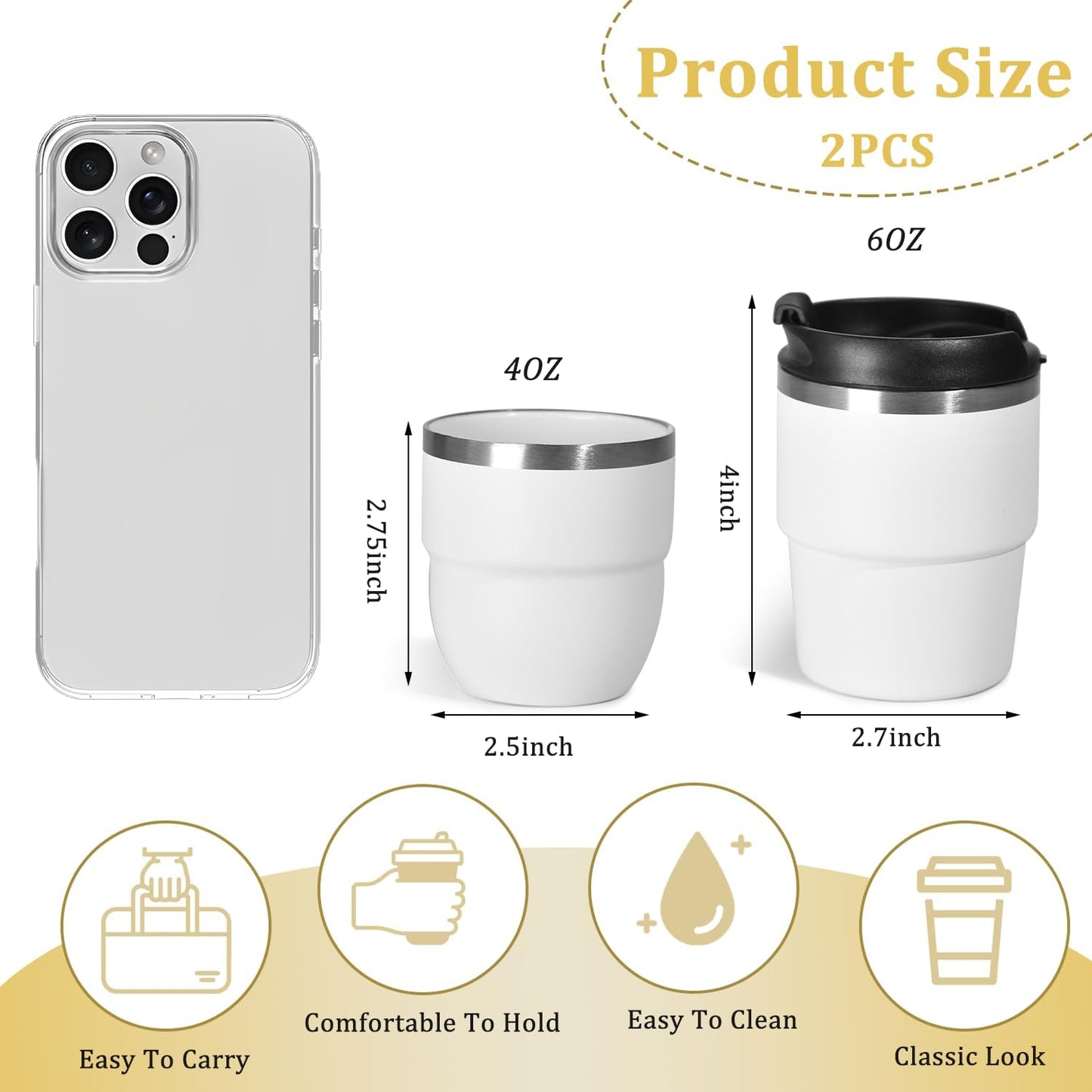 6oz Espresso Cups, Insulated Espresso Cups Set of 2, Expresso Shots Cup, Stainless Steel Shot Glasses for Coffee, Portable Espresso Travel Mug for Camping