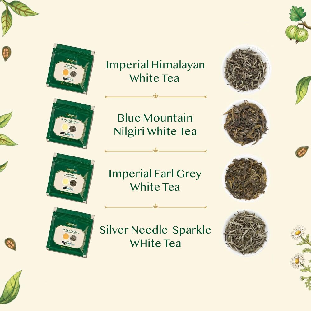 VAHDAM, Assorted White Tea Sampler Gift Set, Gluten Free, Non GMO - 4 Unblended White Loose Leaf Tea Sampler | Tea Variety Pack | Tea Gift Set, Gifts for Women & Men