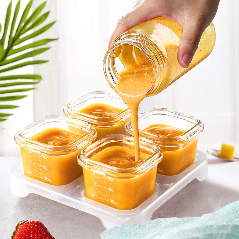 Matyz 4-Pack Glass Baby Food Storage Containers with Airtight Lids and Stackable Tray (Green, 3 OZ Each) - Small Freezer Storage Containers for Baby On The Go - Air Tight Food Storage Containers
