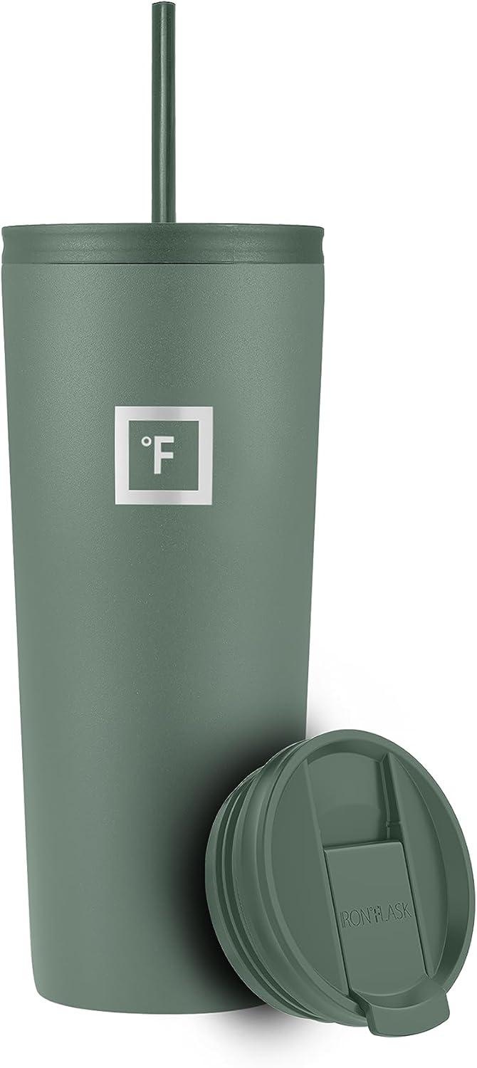 IRON °FLASK Classic Tumbler - Vacuum Insulated Stainless Steel Water Bottle, Double Walled, Drinking Cup, Insulated Travel Mug (Sage, 24 oz Solid Lid)